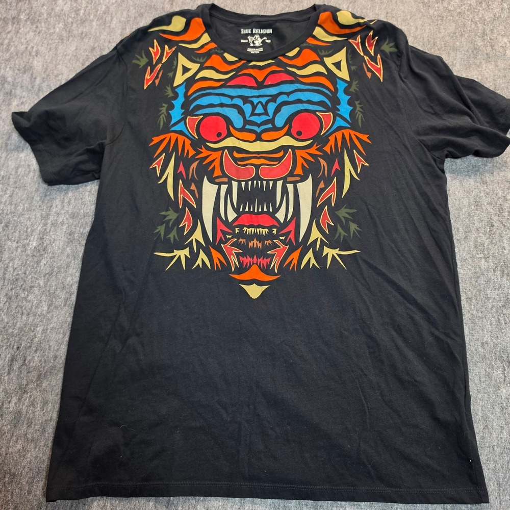 True Religion Mens XXXL Black Tiger Graphic World Tour Short Sleeve T-Shirt a55